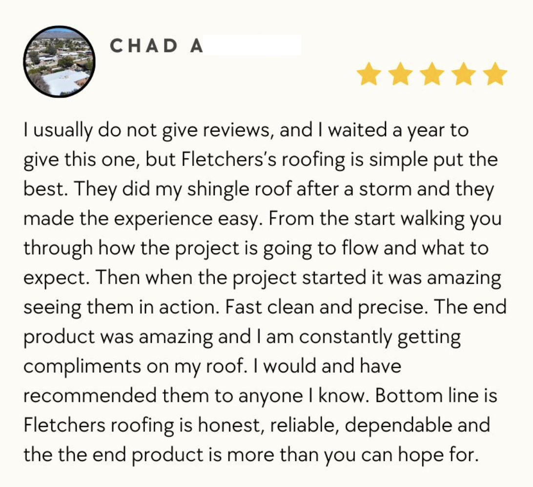 Fletcher Roofing Google Review
